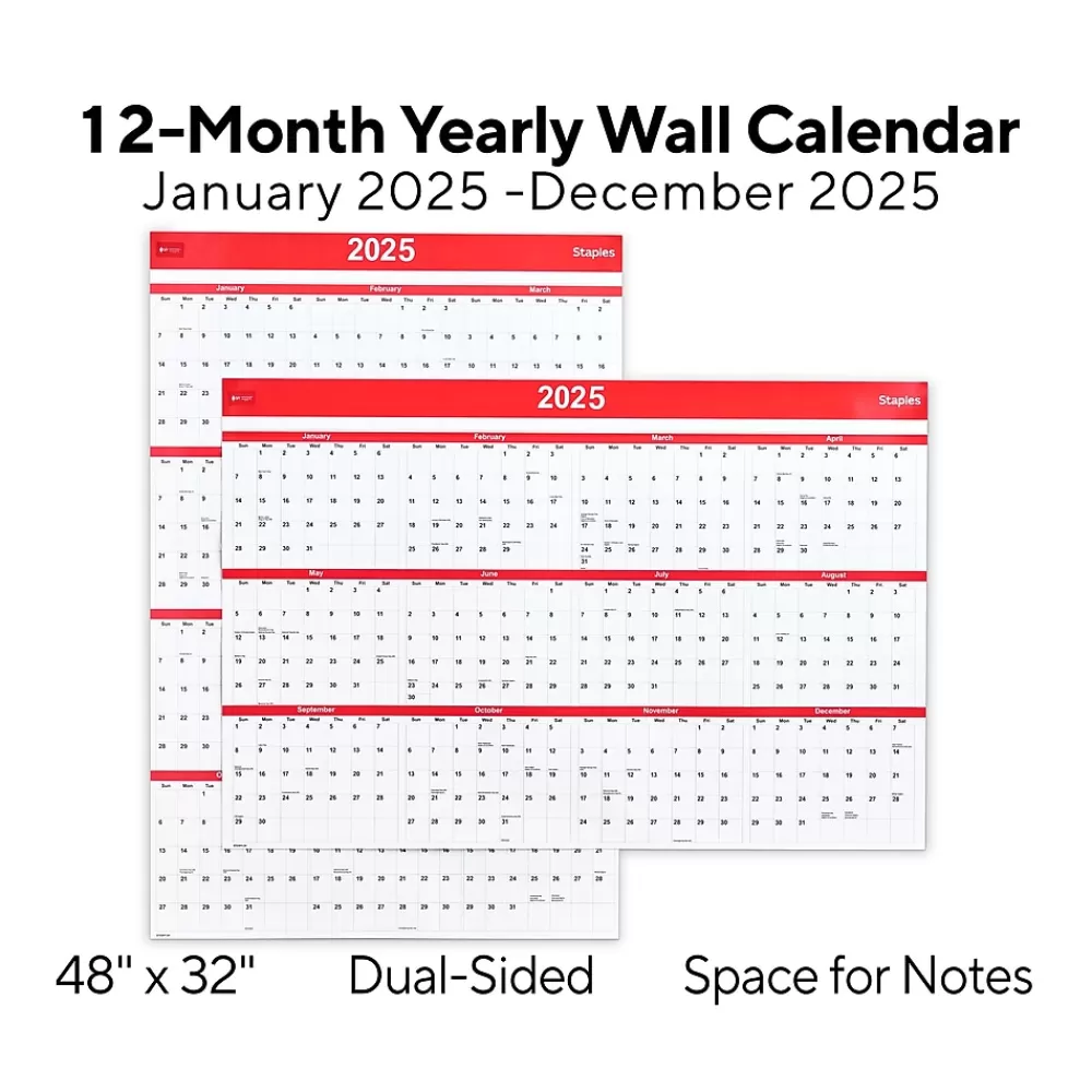 Staples 2025 Calendars<2025 48" x 32" Dry Erase Wall Calendar, Red/White (ST53911-25)