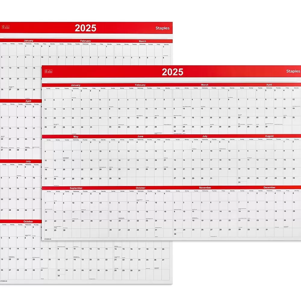 Staples 2025 Calendars<2025 36" x 24" Wall Calendar, Red (ST53903-25)