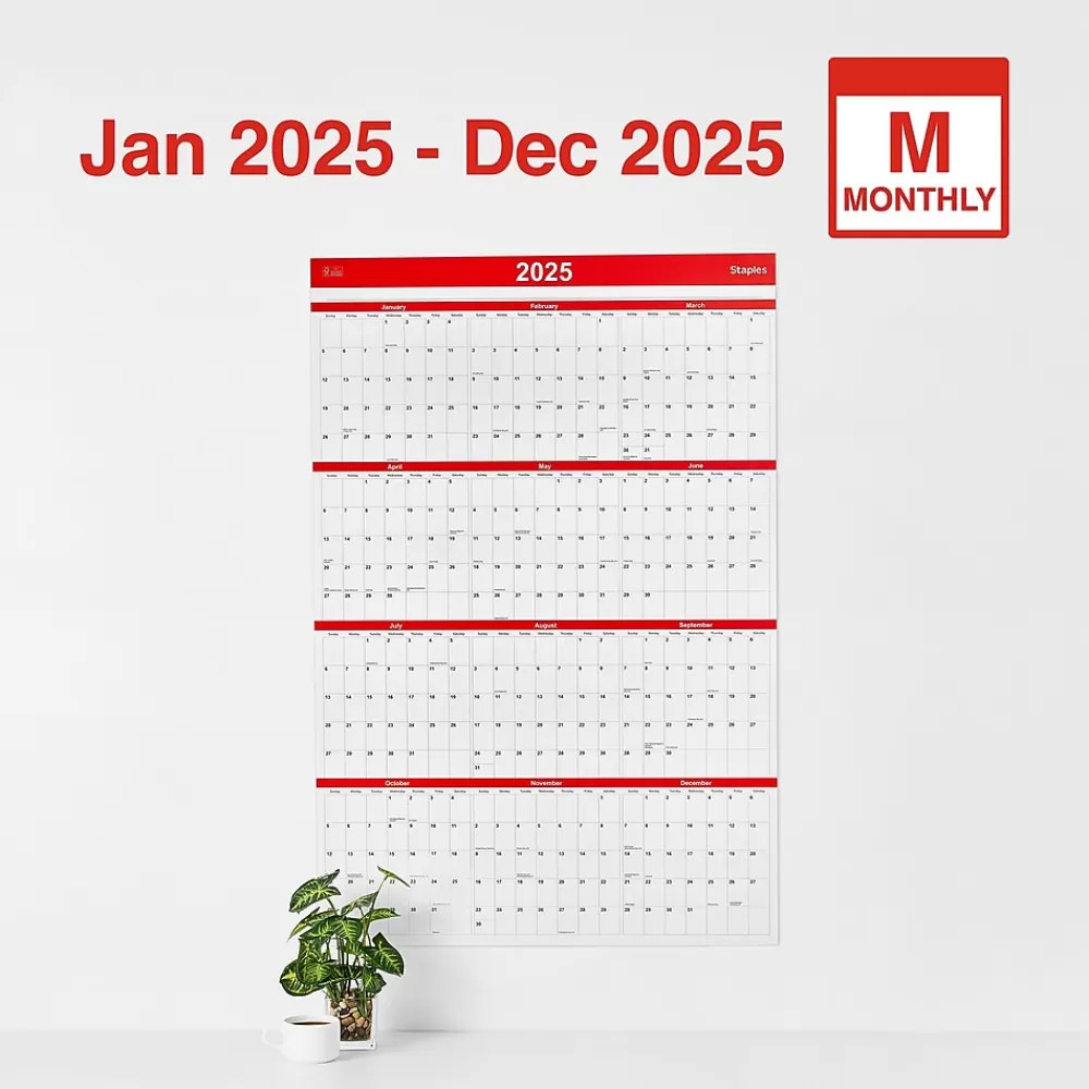 Staples 2025 Calendars<2025 36" x 24" Wall Calendar, Red (ST53903-25)