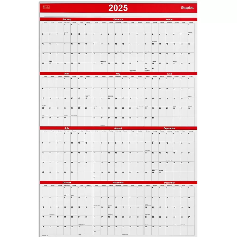 Staples 2025 Calendars<2025 24" x 36" Wall Calendar, Red/Black/White (ST53999-25)