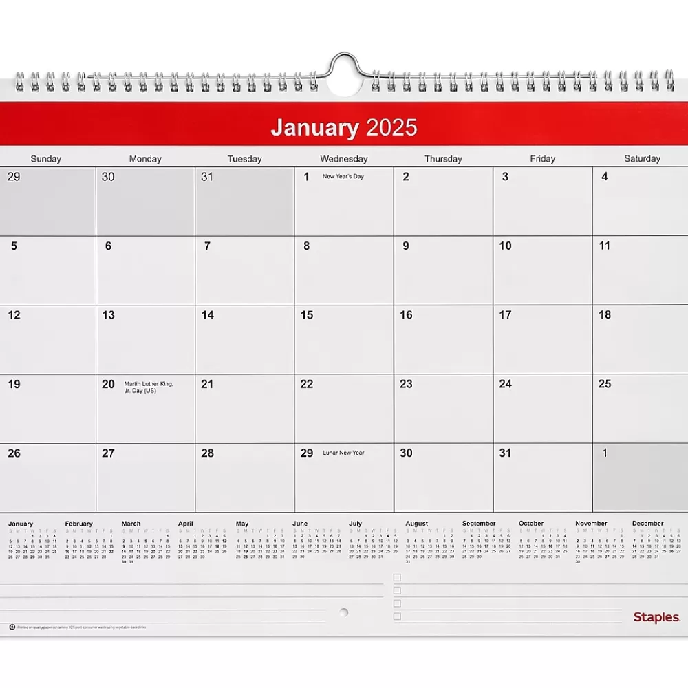 Staples 2025 Calendars<2025 15" x 12" Wall Calendar, Red/White (ST52080-25)