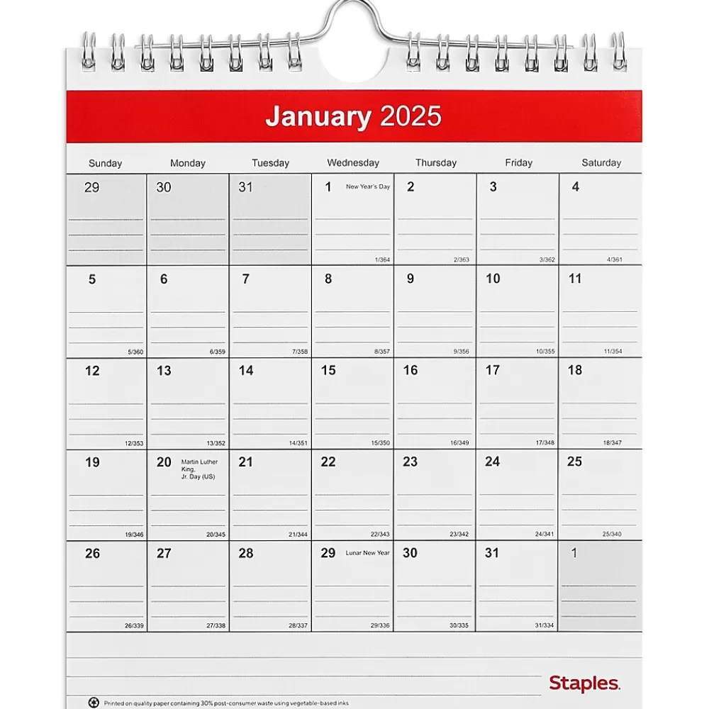 Staples 2025 Calendars<2025 6" x 7" Wall Calendar, Red/White (ST53923-25)