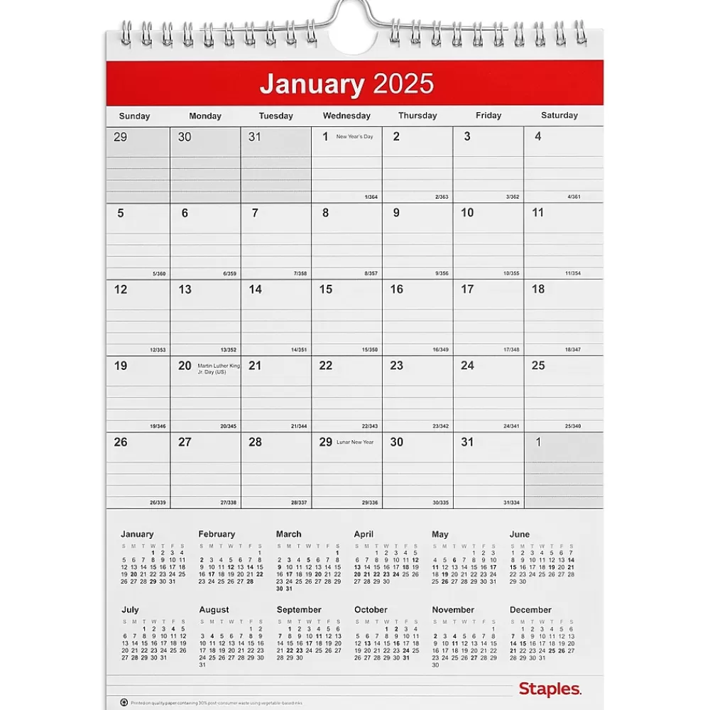 Staples 2025 Calendars<2025 8" x 11" Wall Calendar, Red/White (ST53922-25)