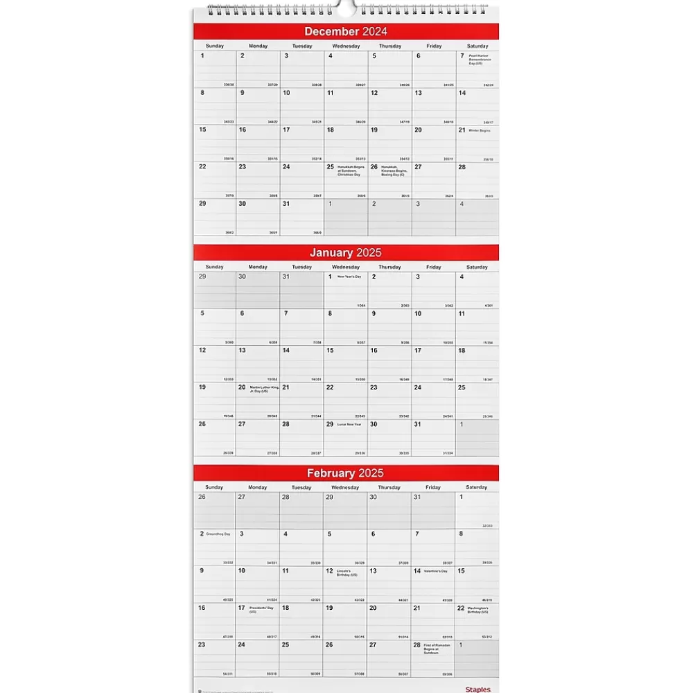 Staples 2025 Calendars<2025 12" x 27" Wall Calendar, Red/White (ST53920-25)