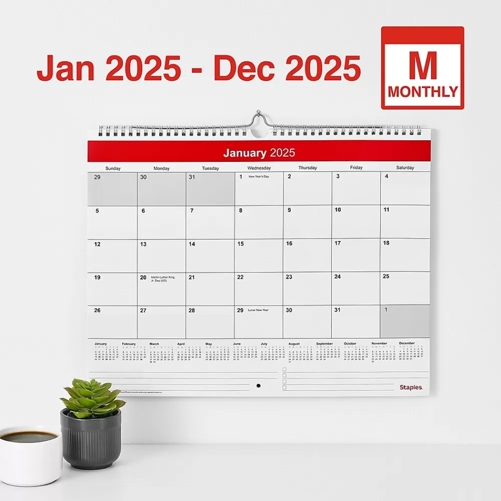 Staples 2025 Calendars<2025 15" x 12" Wall Calendar, Red/White (ST52080-25)