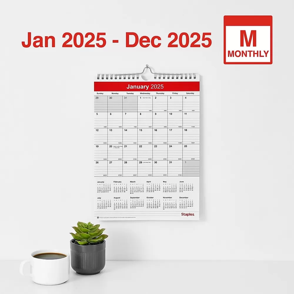 Staples 2025 Calendars<2025 8" x 11" Wall Calendar, Red/White (ST53922-25)