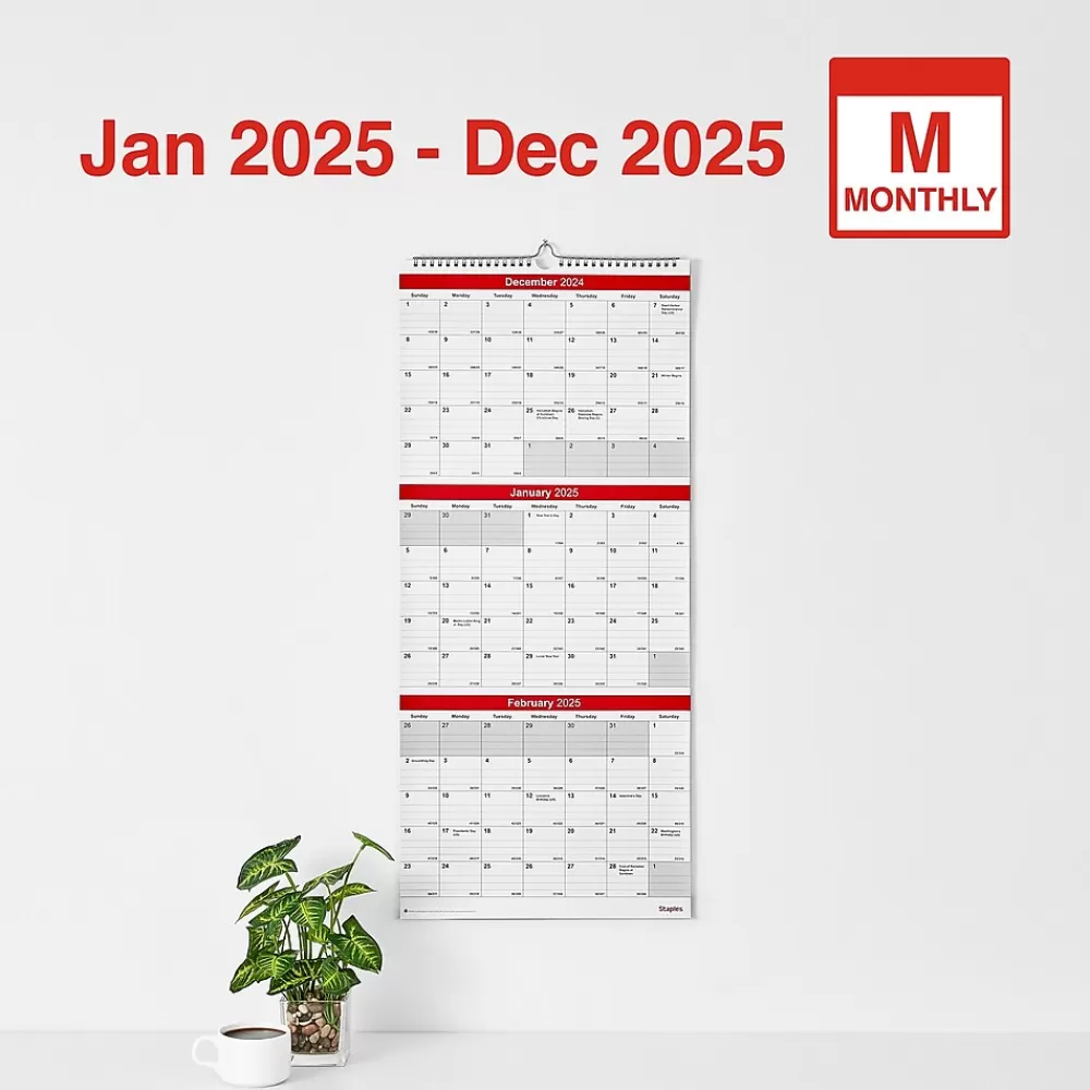 Staples 2025 Calendars<2025 12" x 27" Wall Calendar, Red/White (ST53920-25)