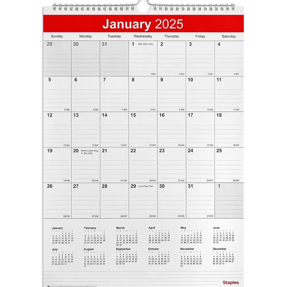 Staples 2025 Calendars<2025 12" x 17" Wall Calendar, White/Red (ST53913-25)