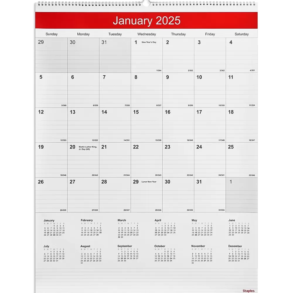 Staples 2025 Calendars<2025 22" x 29" Wall Calendar, White/Red (ST53914-25)