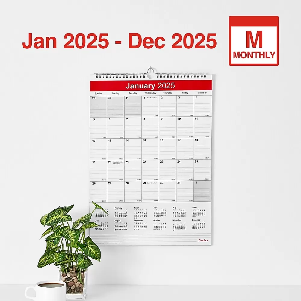 Staples 2025 Calendars<2025 12" x 17" Wall Calendar, White/Red (ST53913-25)