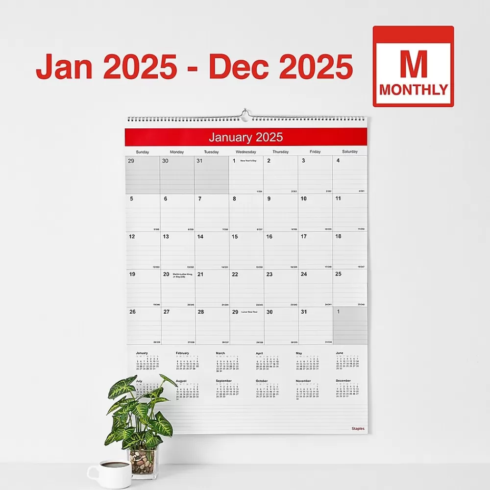 Staples 2025 Calendars<2025 22" x 29" Wall Calendar, White/Red (ST53914-25)