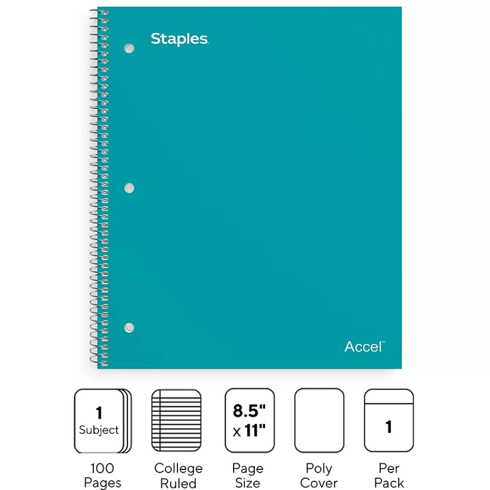 Staples Subject Notebooks<Accel 1-Subject Notebook, 8.5" x 11", College Ruled, 100 Sheets, Blue (ST20955D)