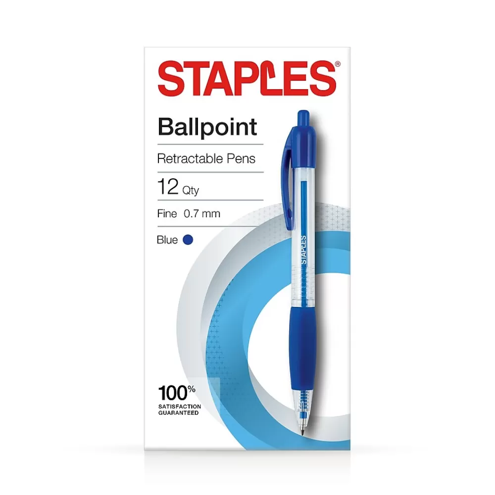 Staples Pens<Ballpoint Retractable Pens, Fine Point, Blue Ink, Dozen (50788)