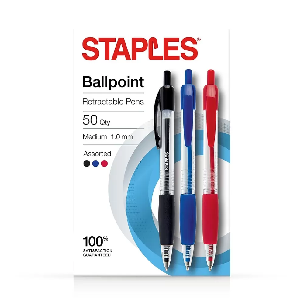 Staples Pens<Ballpoint Retractable Pens, Medium Point, Assorted Ink, 50/Pack (50371)