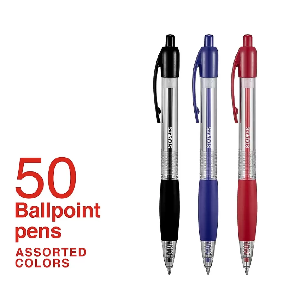 Staples Pens<Ballpoint Retractable Pens, Medium Point, Assorted Ink, 50/Pack (50371)