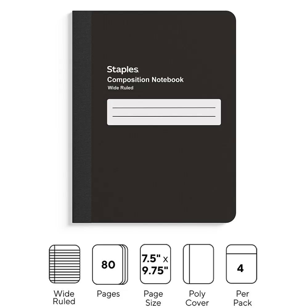 Staples Composition Notebooks<Composition Notebook, 7.5" x 9.75", Black, 4/Pack (TR58294)