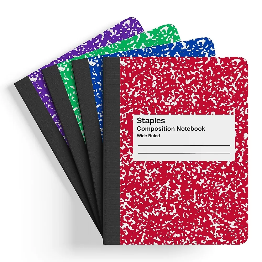 Staples Composition Notebooks<® Composition Notebook, 9.75" x 7.5", Wide Ruled, 80 Sheets, Assorted Colors, 48/Carton (20702CT)
