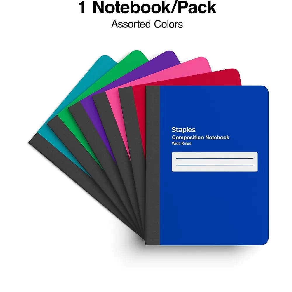 Staples Composition Notebooks<® Composition Notebook, 7.5" x 9.75", Wide Ruled, 80 Sheets, Assorted Colors (ST54890)