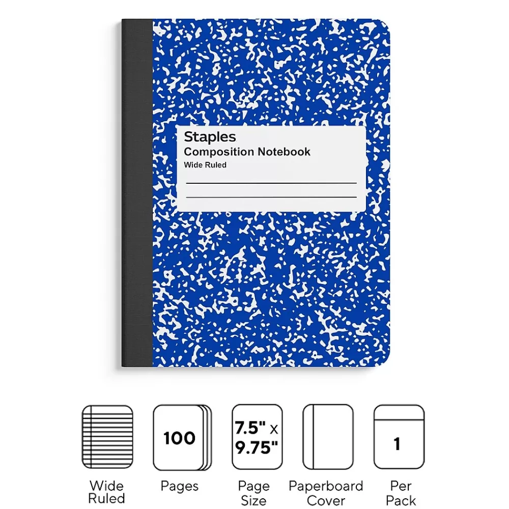 Staples Notebooks<® Composition Notebook, 7.5" x 9.75", Wide Ruled, 100 Sheets, (ST55073)