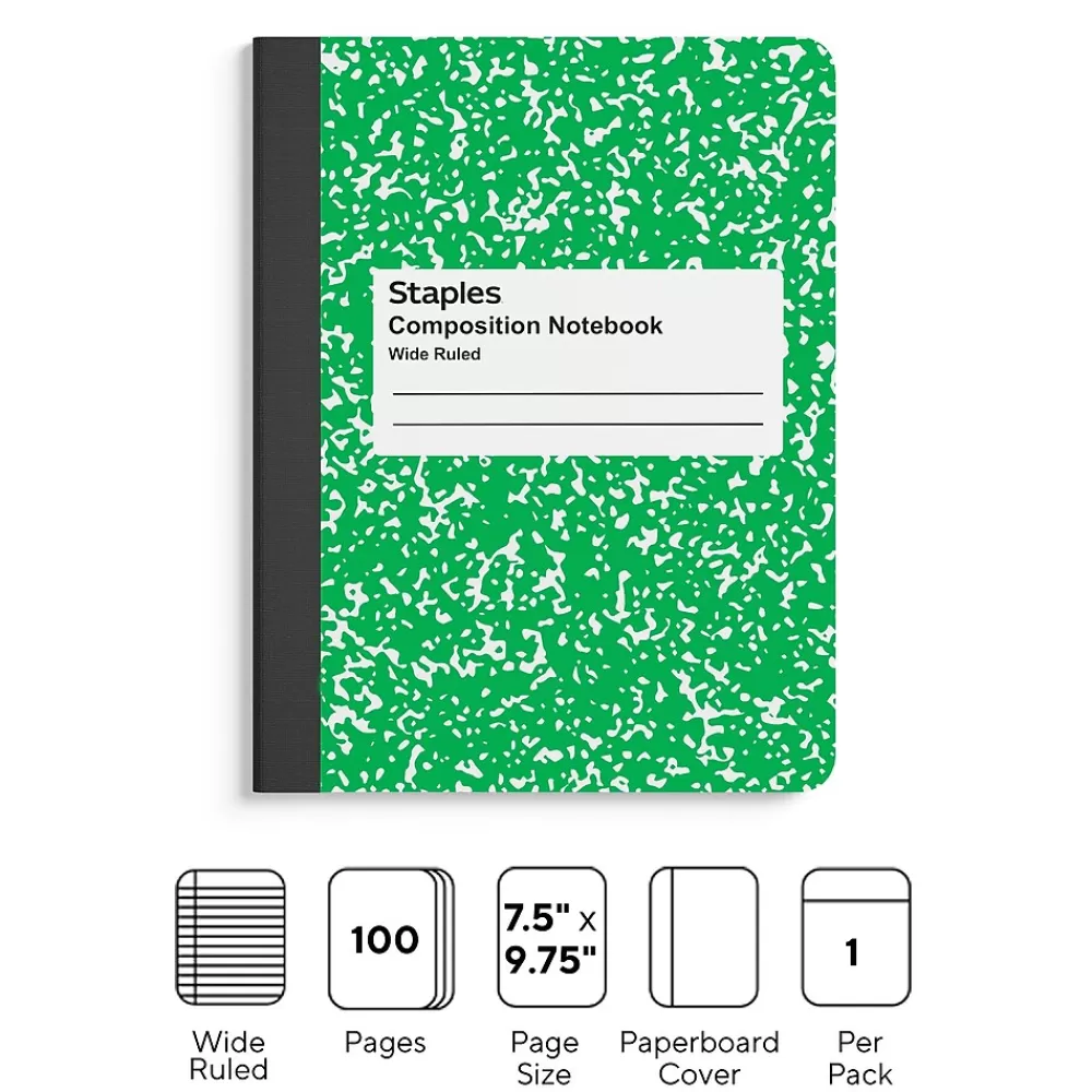 Staples Composition Notebooks<® Composition Notebook, 7.5" x 9.75", Wide Ruled, 100 Sheets, Green (ST55074)