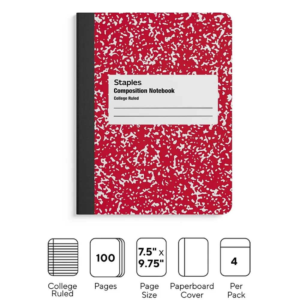 Staples Composition Notebooks<® Composition Notebooks, 7.5" x 9.75", College Ruled, 100 Sheets, , 4/Pack (ST58370)