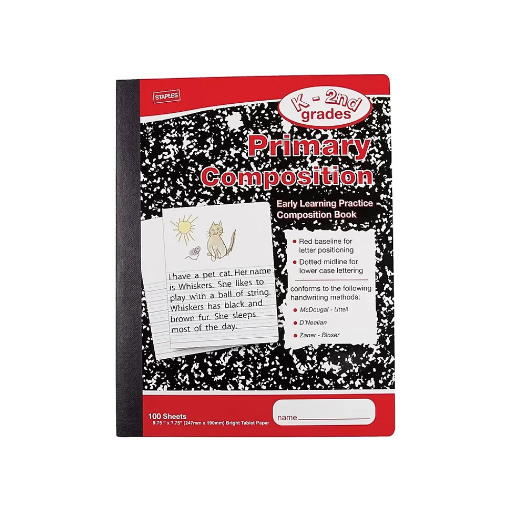 Staples Composition Notebooks<® Composition Notebooks, 7.5" x 9.75", Primary Ruled, 100 Sheets, Black/Red, 12/Carton (42079CT)