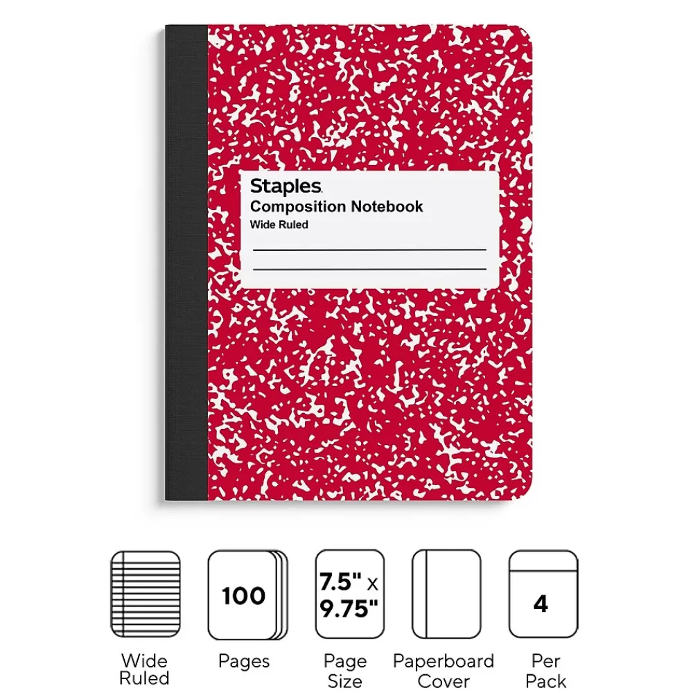 Staples Composition Notebooks<® Composition Notebooks, 7.5" x 9.75", Wide Ruled, 100 Sheets, , 4/Pack (ST58368)