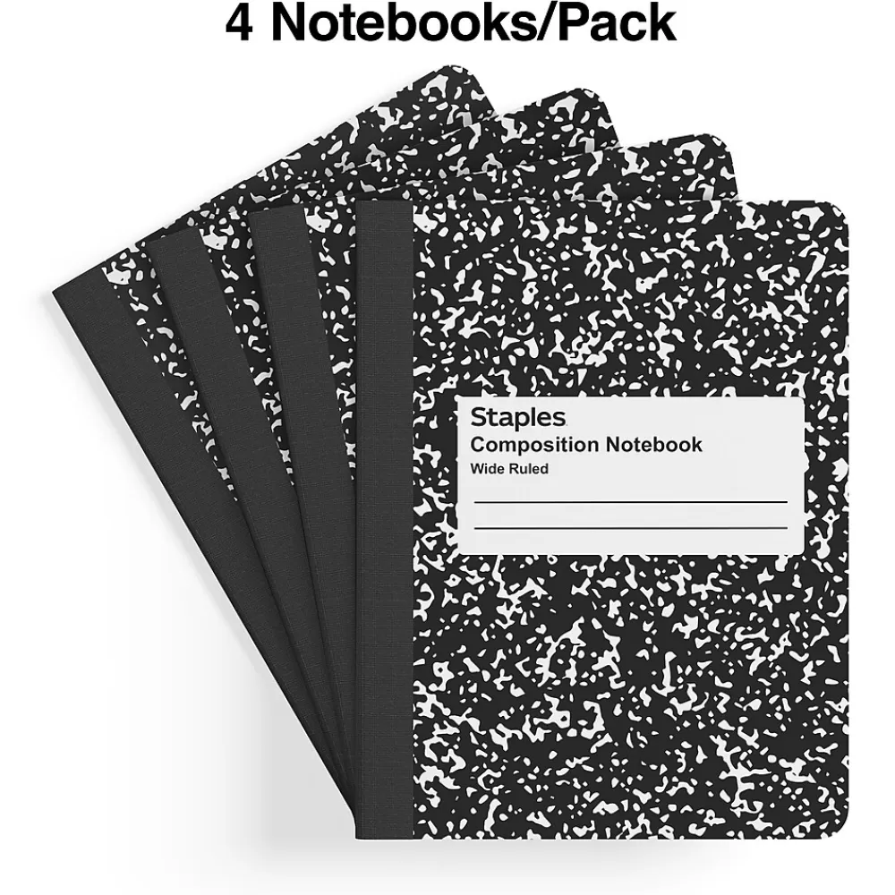 Staples Composition Notebooks<® Composition Notebooks, 7.5" x 9.75", Wide Ruled, 100 Sheets, /White Marble, 4/Pack (ST58369)