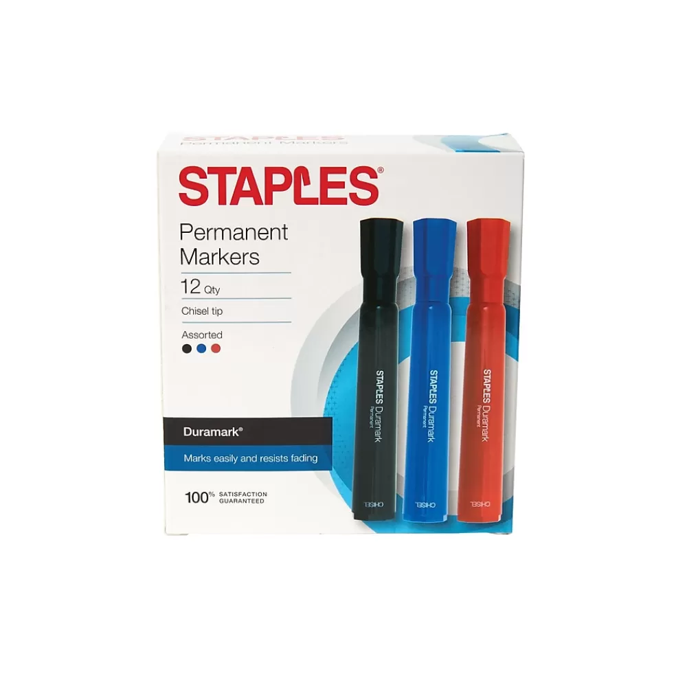 Staples Markers<DuraMark Permanent Markers, Chisel Point, Assorted, 12/Pack (10404)