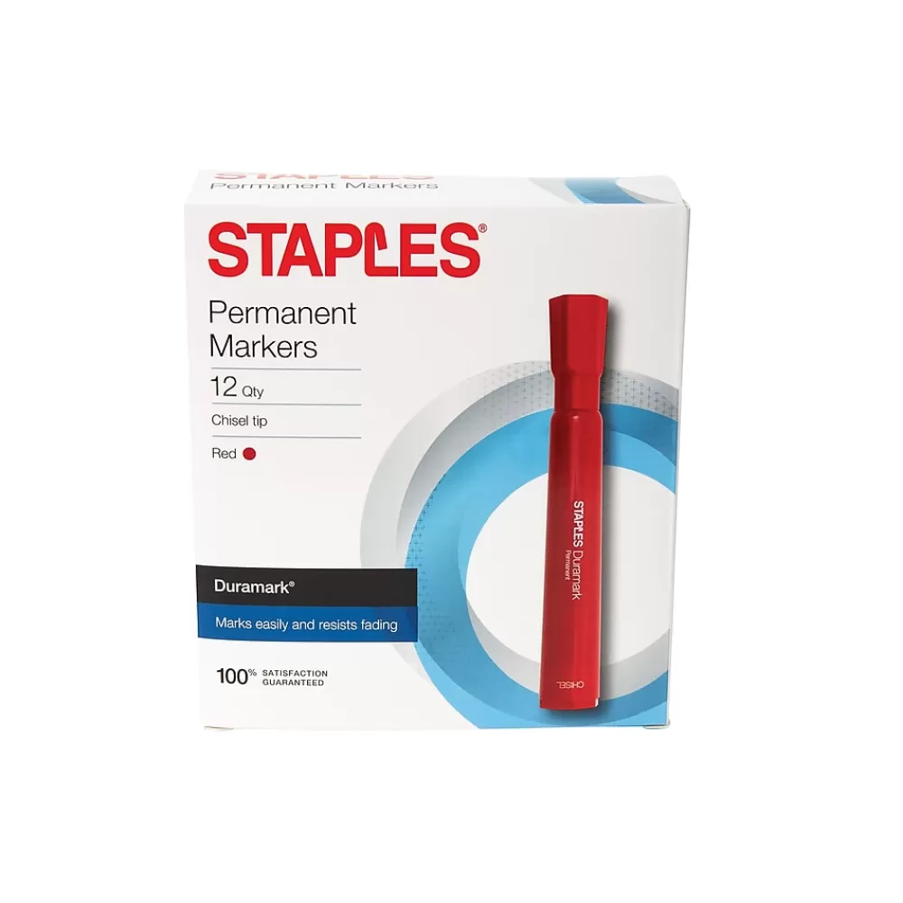 Staples Markers<DuraMark Permanent Markers, Medium Point, Red, 12/Pack (18892)