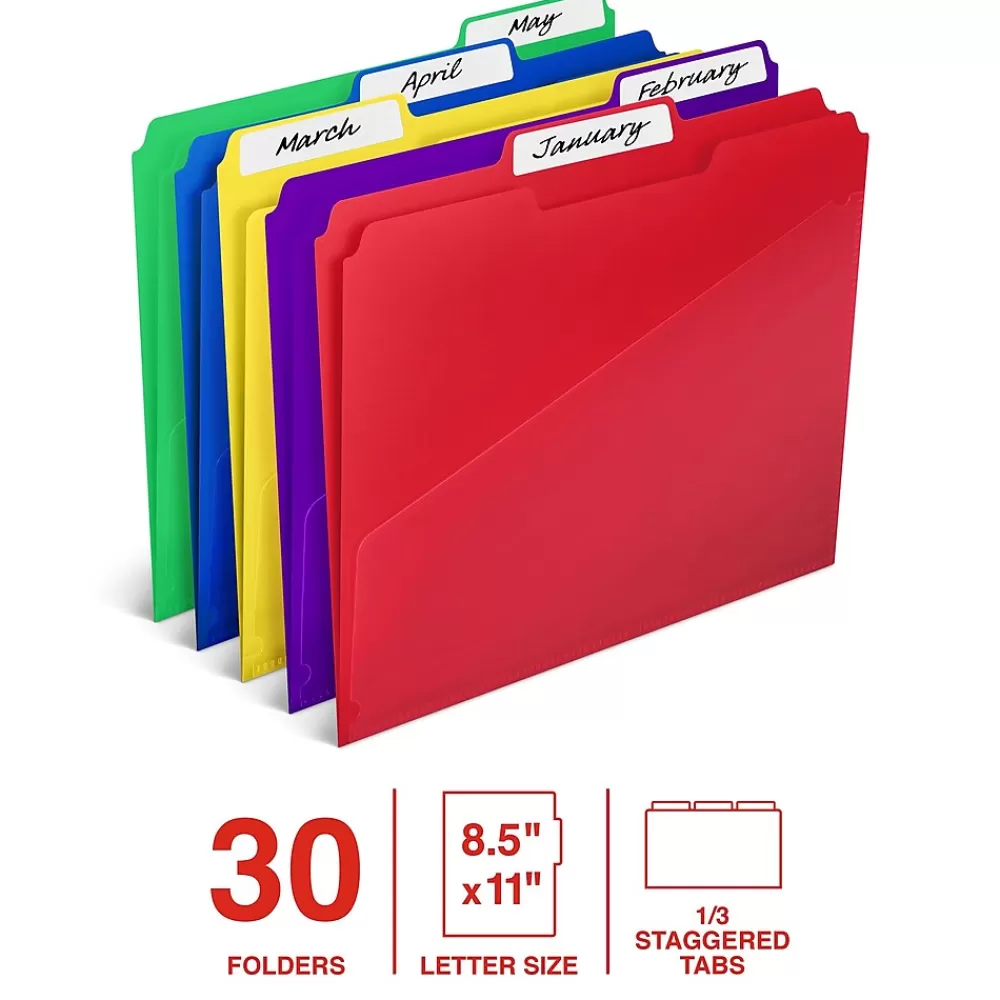 Staples File Folders<File Folder, 1/3-Cut Tab, Letter Size, Plastic, Assorted Colors, 30/Box (ST62541)