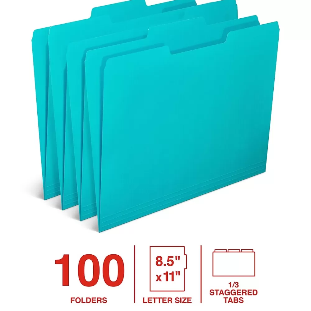 Staples File Folders<File Folder, 1/3-Cut Tab, Letter Size, Teal, 100/Box (ST62567)