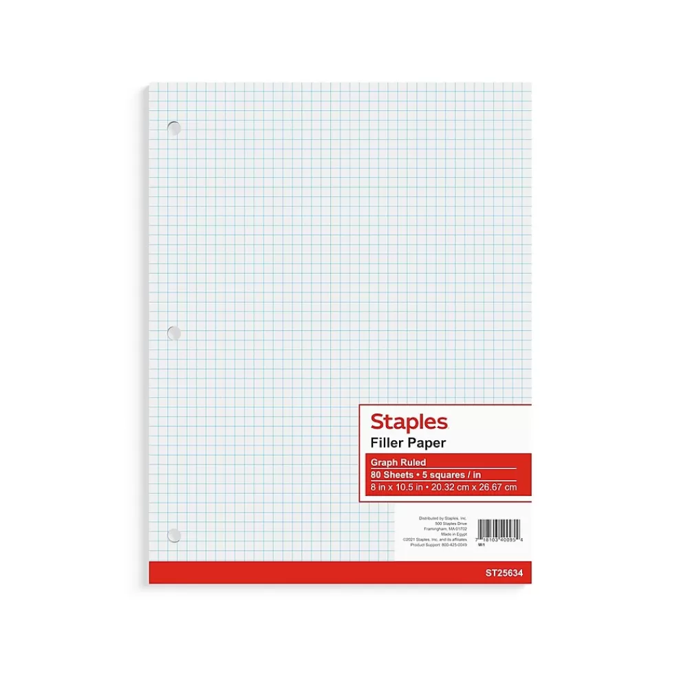 Staples Filler Paper<® Graph Ruled Filler Paper, 8" x 10.5", White, 80 Sheets/Pack (ST25634D)