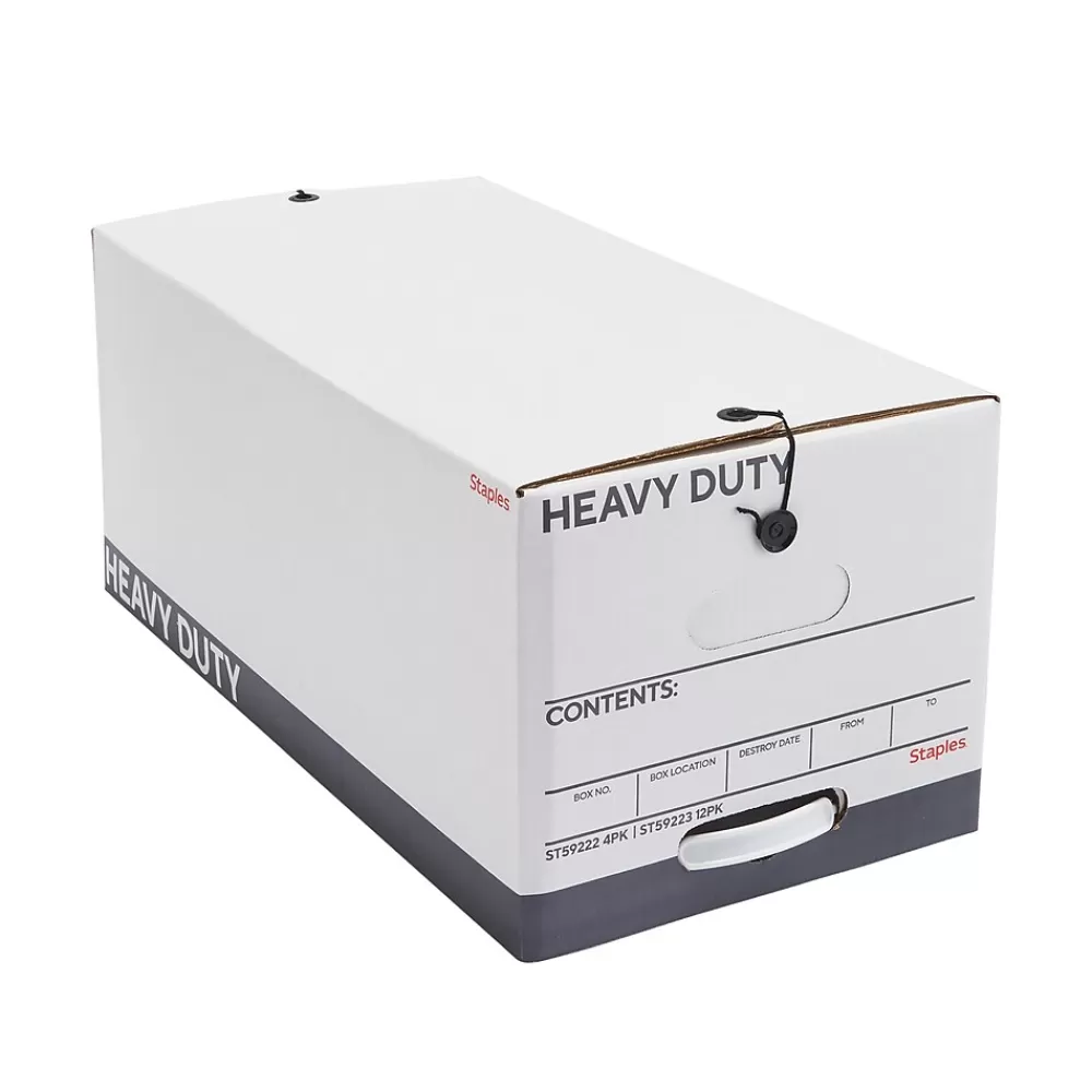 Staples File Storage<Heavy Duty File Box, String and Button Lid, Letter, White/Gray, 4/Pack (TR59222)