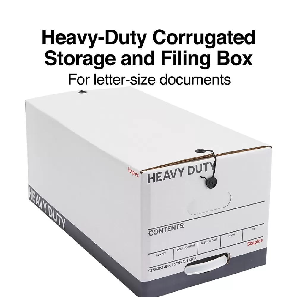 Staples File Storage<Heavy Duty File Box, String and Button Lid, Letter, White/Gray, 4/Pack (TR59222)