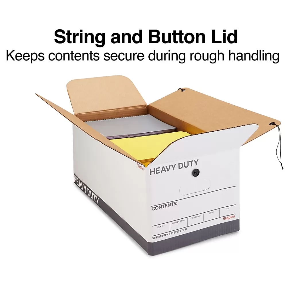 Staples File Storage<Heavy Duty File Box, String and Button Lid, Letter, White/Gray, 4/Pack (TR59222)