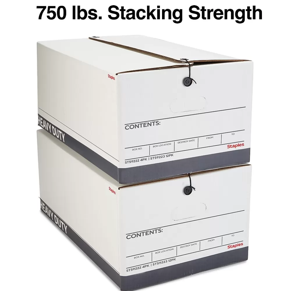 Staples File Storage<Heavy Duty File Box, String and Button Lid, Letter, White/Gray, 4/Pack (TR59222)