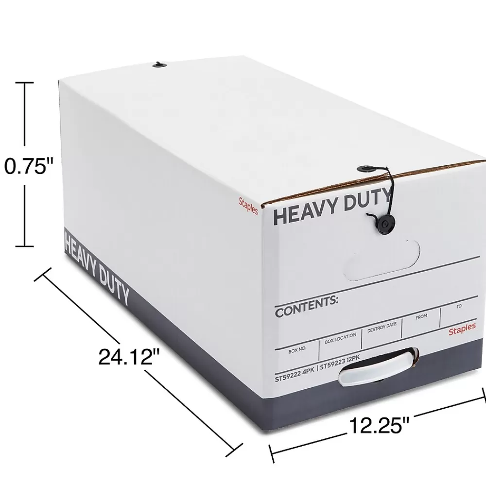 Staples File Storage<Heavy Duty File Box, String and Button Lid, Letter, White/Gray, 4/Pack (TR59222)