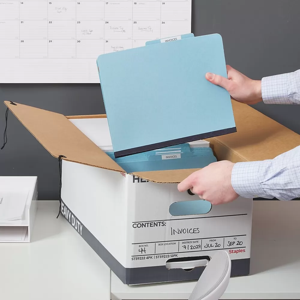 Staples File Storage<Heavy Duty File Box, String and Button Lid, Letter, White/Gray, 4/Pack (TR59222)