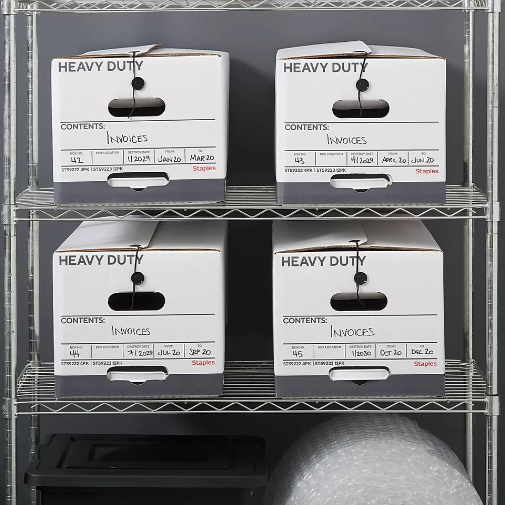 Staples File Storage<Heavy Duty File Box, String and Button Lid, Letter, White/Gray, 4/Pack (TR59222)