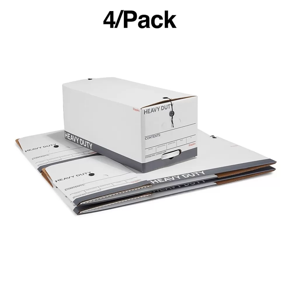 Staples File Storage<Heavy Duty File Box, String and Button Lid, Letter, White/Gray, 4/Pack (TR59222)