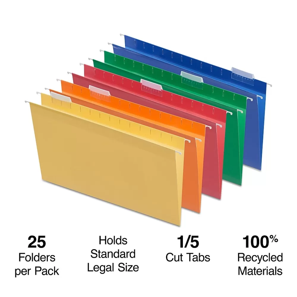 Staples Hanging File Folders<Heavy Duty Reinforced Hanging File Folders, 1/5-Cut Tab, Legal Size, Assorted Colors, 25/Box (ST18657-CC)