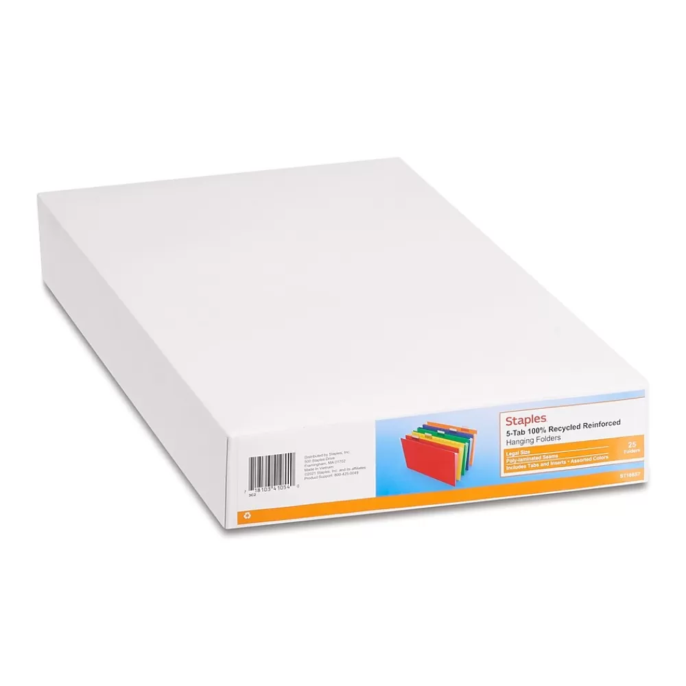 Staples Hanging File Folders<Heavy Duty Reinforced Hanging File Folders, 1/5-Cut Tab, Legal Size, Assorted Colors, 25/Box (ST18657-CC)