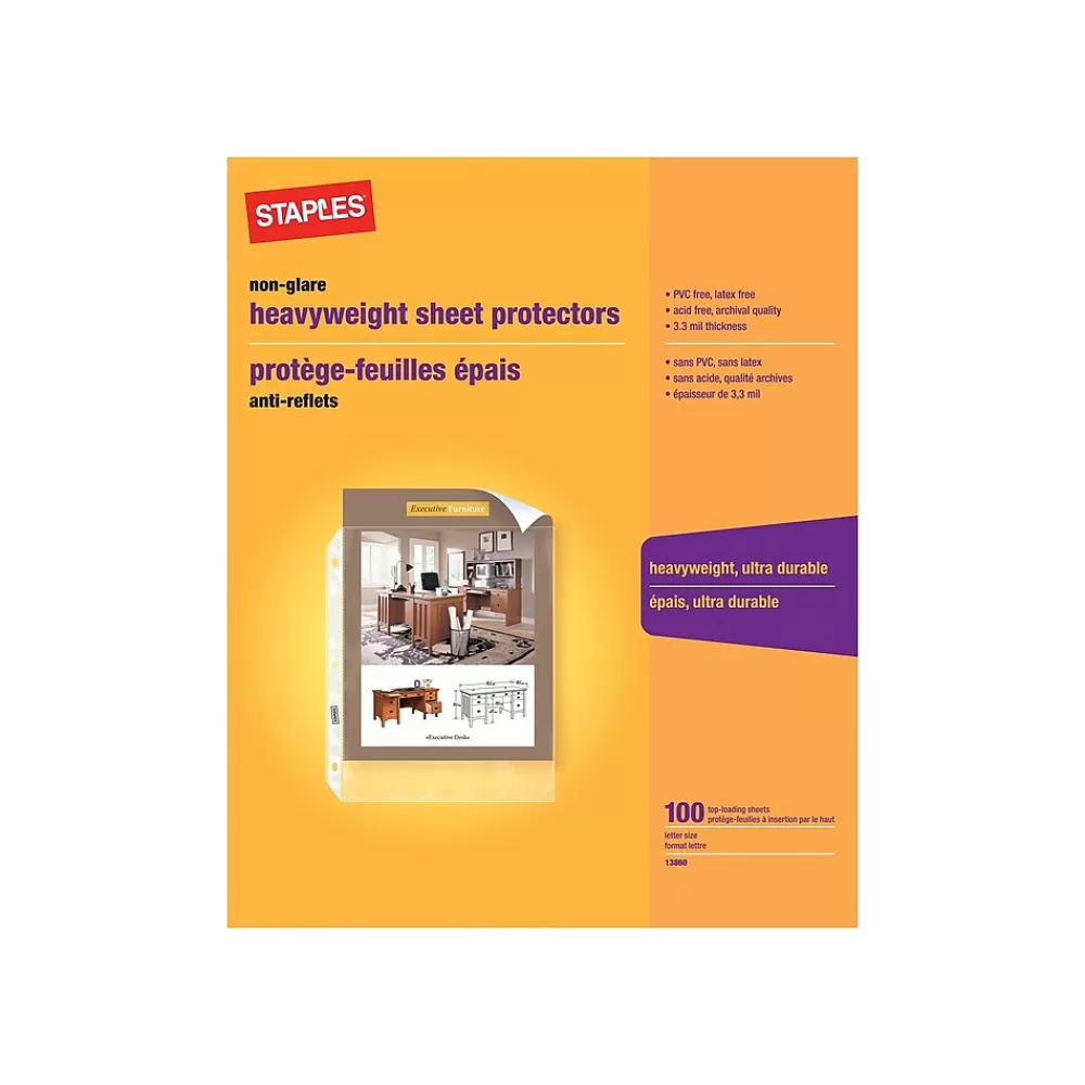 Staples Sheet Protectors<Heavyweight Sheet Protectors, 8.5" x 11", Clear, 100/Box, 5 Boxes/Case (13860CT)