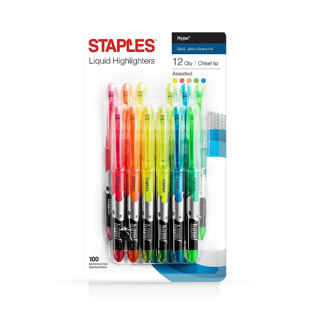 Staples Highlighters<Hype! Stick Highlighters, Chisel, Assorted, Dozen (14598)