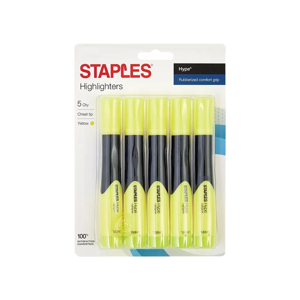 Staples Highlighters<Hype Tank Highlighters, Chisel Tip, Yellow, 5/Pack (29219)