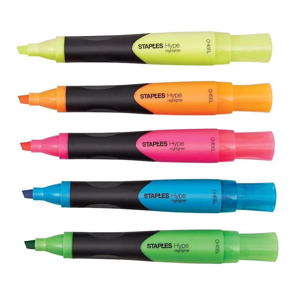 Staples Highlighters<Hype Tank Highlighters with Grip, Chisel Tip, Assorted, 5/Pack (29228)
