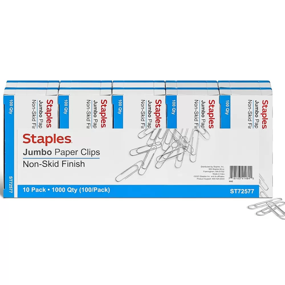 Staples Clips & Fasteners<Jumbo Paper Clips, Silver, 1000 Clips/Pack, 10/Pack(A7026606/72577)