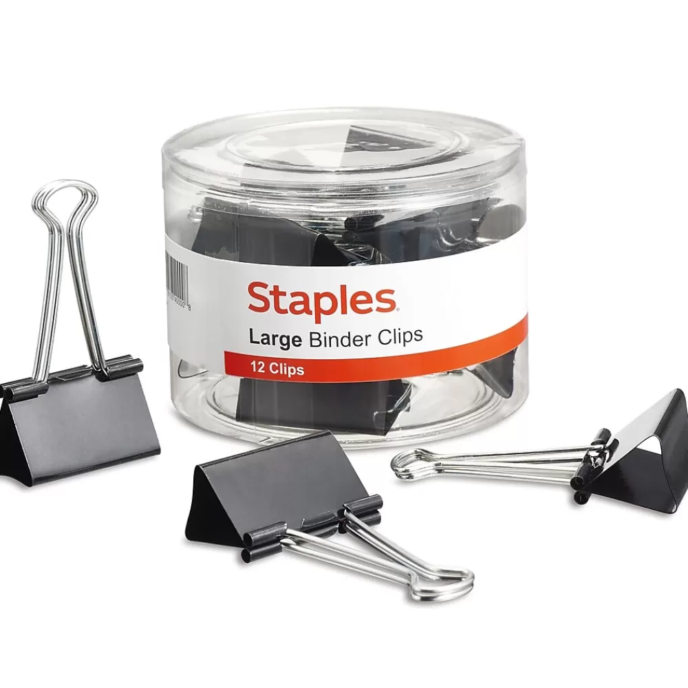 Staples Clips & Fasteners<Large Binder Clips, 1" Capacity, Black, 12 Clips/Pack (10669-CC)