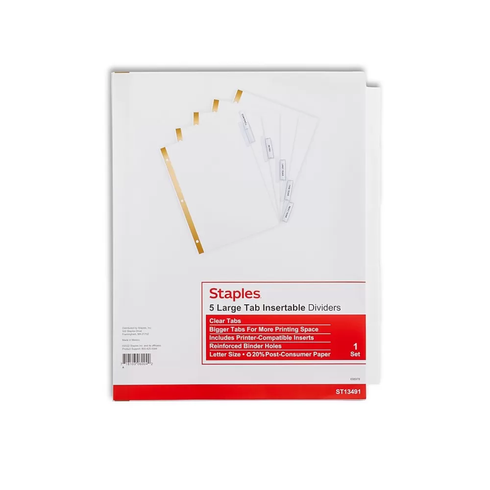 Staples Dividers<Large Tab Insertable Dividers, 5-Tab, Clear (13491/11122)